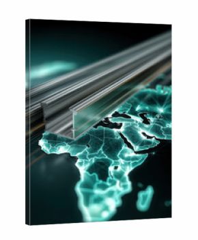Twin metallic rails with abstract teal world map lines on dark gradient background
