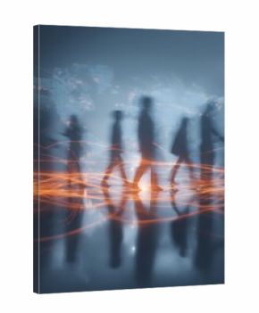 global workforce migration, silhouettes moving across glowing world map, economic flow lines