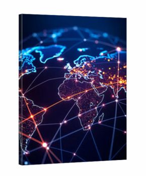 Global network connection background, glowing world map lines, data transfer, fiber optics, technology communication concept.