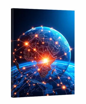 Global network connection background, glowing world map lines, data transfer, fiber optics, technology communication concept.