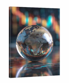 A glowing crystal ball on a reflective surface reveals a world map with rising financial charts and signals a positive global outlook.