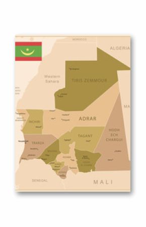 Mauritania - detailed map of the country in brown colors, divided into regions. Vector illustration