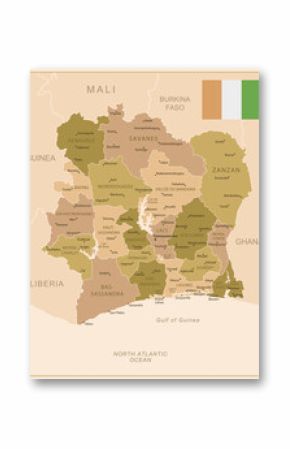 Ivory Coast - detailed map of the country in brown colors, divided into regions. Vector illustration