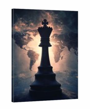 Chess king piece silhouetted against world map