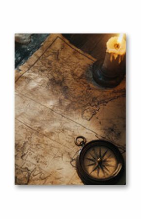 Vintage Pirate Compass and Map Under Candlelight