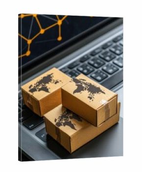 A close-up of stacked cardboard boxes with world maps on a laptop keyboard, symbolizing global shipping and e-commerce.