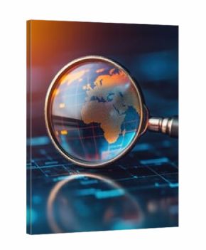 Magnifying glass focusing on a digital globe with vibrant colors, highlighting global connectivity and exploration.