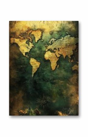 Vintage world map, compass, and green background.