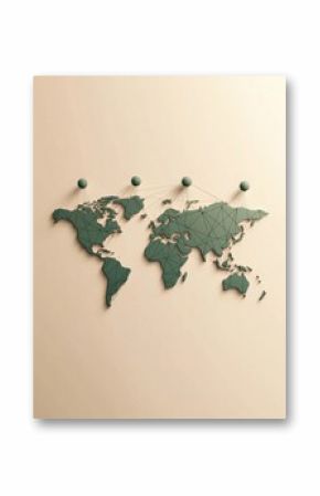 A detailed world map outline showcases key travel destinations marked with map pins connecting various global locations. Generative AI