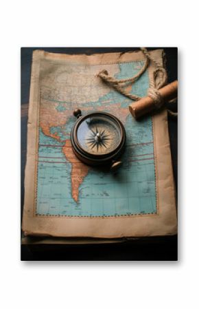 A close-up of a vintage compass resting on an aged world map, symbolizing exploration, travel, and adventure. 