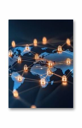 World map with security icons connecting different areas
