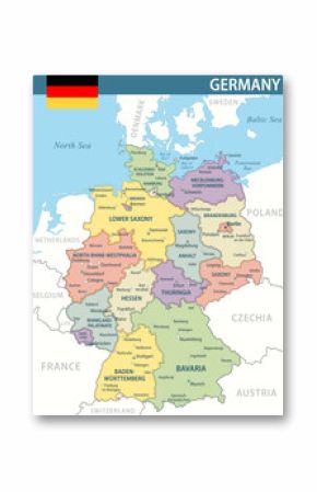 Germany Map Vector New 2024 Colorful - Customizable layered political map of Germany with administrative divisions for website, education, reports, news, politics, print, poster and wallpaper