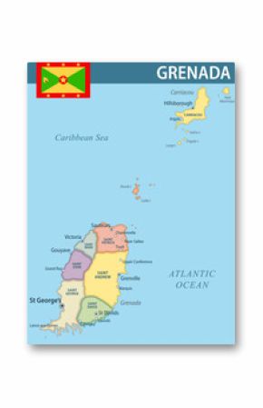 Grenada Map Vector New 2024 Colorful - Customizable layered political map of Grenada with administrative divisions for website, education, reports, news, politics, print, poster and wallpaper
