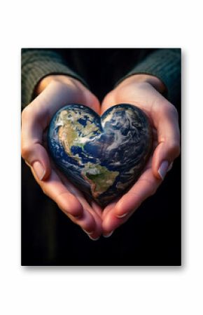 Heart-shaped earth in hands. World care concept, environmental protection, sustainability, save the planet, love for nature, eco-friendly, global responsibility, caring for the earth, black background