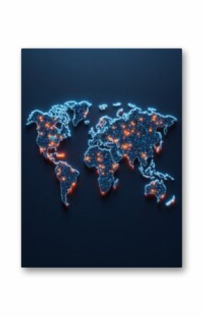 World map with illuminated digital nodes representing global connectivity.