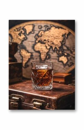 A glass of whiskey with ice on an old leather suitcase, with a vintage world map in the background.