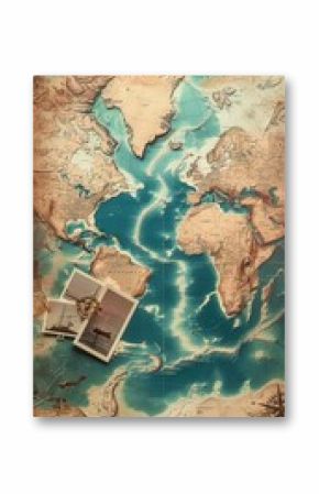 Discovering the world through travel photos on an artistic map background. Generative AI