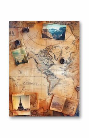 Travel photos displayed on a vintage world map, showcasing global destinations and adventures. Generative AI