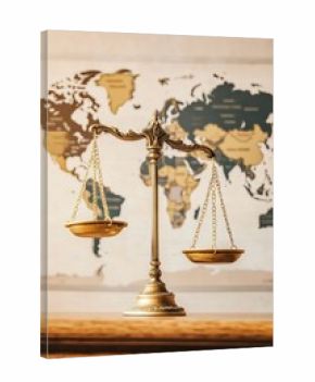 Golden scale balancing justice with world map background symbolizing international law