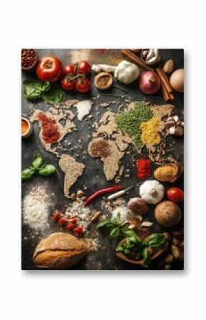 World map crafted from diverse food ingredients showcasing culinary traditions and global flavors across continents