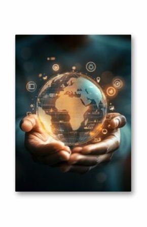 Hands holding a glowing globe with digital technology icons, symbolizing global connectivity, innovation and data exchange in the modern world.