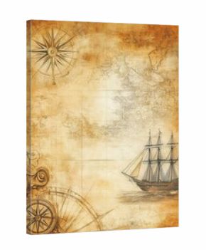 An ancient map of the world featuring a ship and a compass upon it