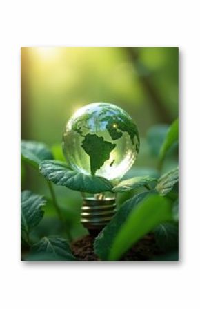 Light bulb with green Earth Day energy, environment protection. Globe map on green leaves, save world forests. Solar panels, renewable power concept on organic soil.