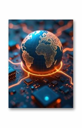Digital tech globe rests on hi-tech circuit board. Modern technology background shows earth map, glowing orange connections. Illustrates global digital network, data transfer, information tech,