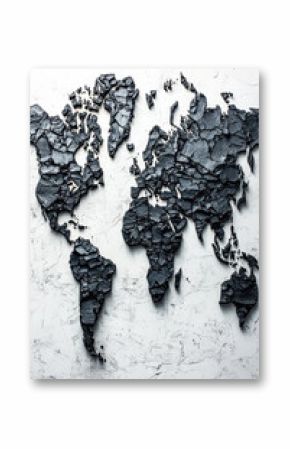 Textured world map created from chunks of black coal on light background