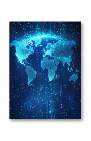 Digital world map with glowing blue lights and network lines, symbolizing global connectivity, data transfer, and technological communication.