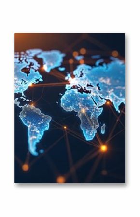 Global logistics network map with glowing connections between continents. International trade supply chain concept visualization. Blue digital datum pattern abstract futuristic diagram. Business