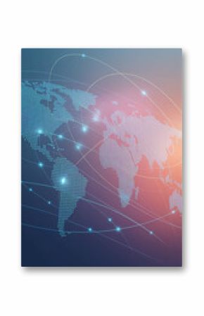 Abstract world map formed by blue dots, connected by glowing lines on a gradient background, showcasing global network concept, ideal for technology or communication themes