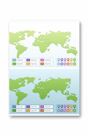 Two world maps with grid backgrounds, accompanied by color-coded labels and map markers, designed for customizable presentations
