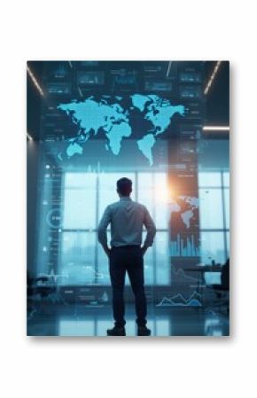 A man stands in a modern office, captivated by a glowing digital world map displayed in front of him, surrounded by data analytics and graphs. The blue hues of the map contrast with the sleek