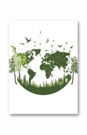 World Map with Green Nature Elements and Birds Flying Illustration