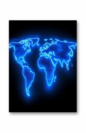 Blue illuminated world map showing the outlines of the continents
