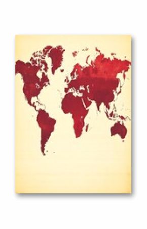 Vintage world map illustration with textured, aged paper and crimson continents