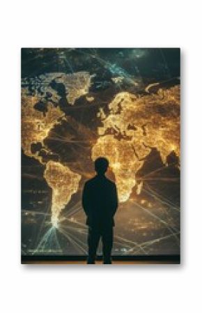 Global connectivity,  a person contemplates the world map