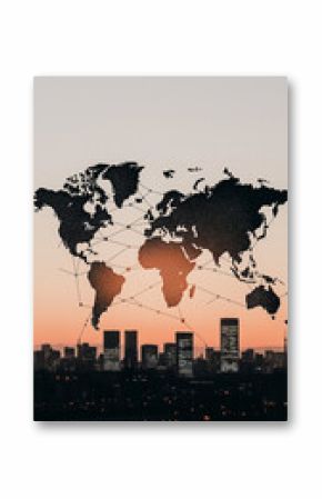 Global Connectivity: A stunning composition blending the world map outline with a vibrant cityscape, suggesting global network and connectivity.
