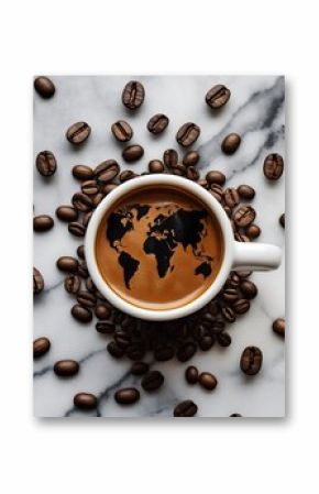 Creative coffee art in a cup showing world map with beans on marble, symbolizing global coffee culture, international connection, and morning rituals with elegance. 