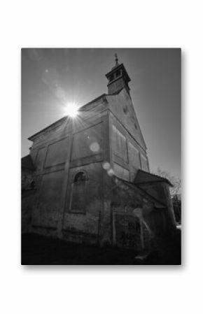 Orthodox church and sun light in Bratislava low angle view in black and white, Slovakia