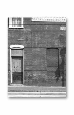 photographic black and white city urban sidewalk brick building style photo