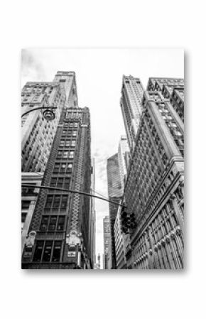 Manhattan street view with big buildings, New York, USA. Black and white