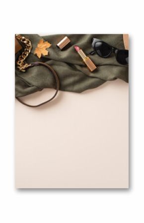 Stay stylish and cozy this fall with trendy chic purse, a fashionable felt hat, black gloves, scarf and sunglasses. Top view photo on white isolated background with space for text or advertising.