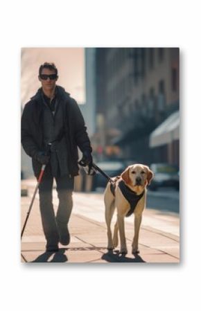 a blind handicapped guy person with black sunglasses and a white cane stick and a guide dog walking outside on a street. blurry city background, 16:9, Generative AI
