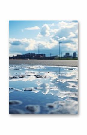 Reflection of blue sky and white clouds on water puddle surface on grey city road after rain. silhouette concept