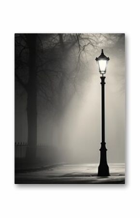 An old-fashioned lamppost casting warm light on a misty black and white street