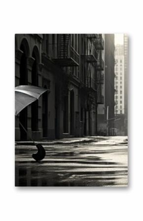 An open umbrella abandoned on a deserted black and white city street