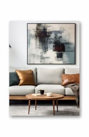 Sleek and Stylish Stylish and scandinavian living room interior of modern apartment with gray sofa, design wooden commode, black table, lamp, abstract paintings on the wall.