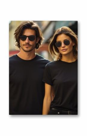 Man and woman wearing blank black t-shirt